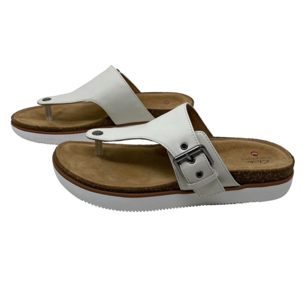 $105 Clarks Elayne Step White Leather cork ortho comfort Sandals sz US 7 EU 37.5